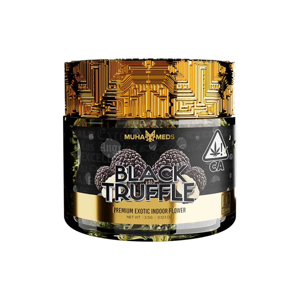 Muha Meds Black Truffle Flower 3.5g Exotic Indoor hybrid jar with dark, frosty buds