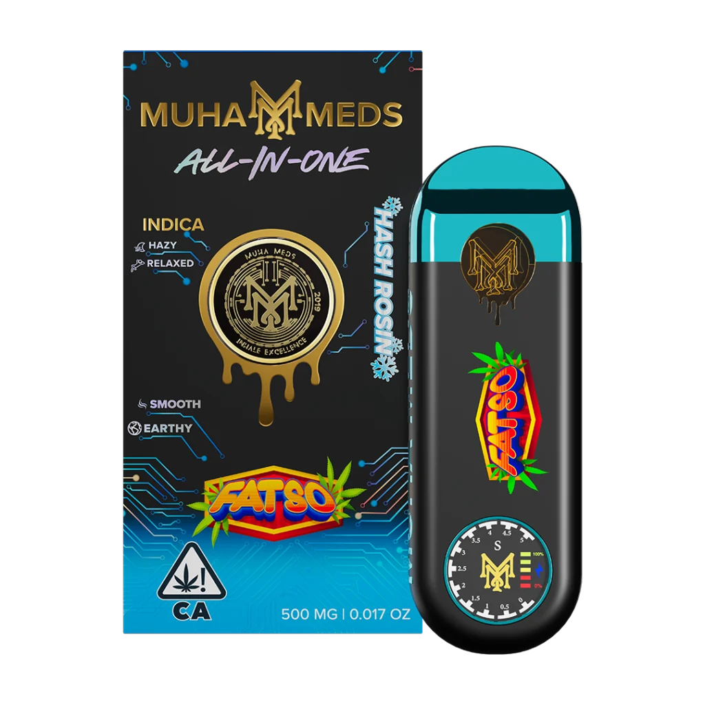 Muha Meds Fatso Hash Rosin all-in-one disposable vape, 500mg solventless indica with smooth earthy flavor