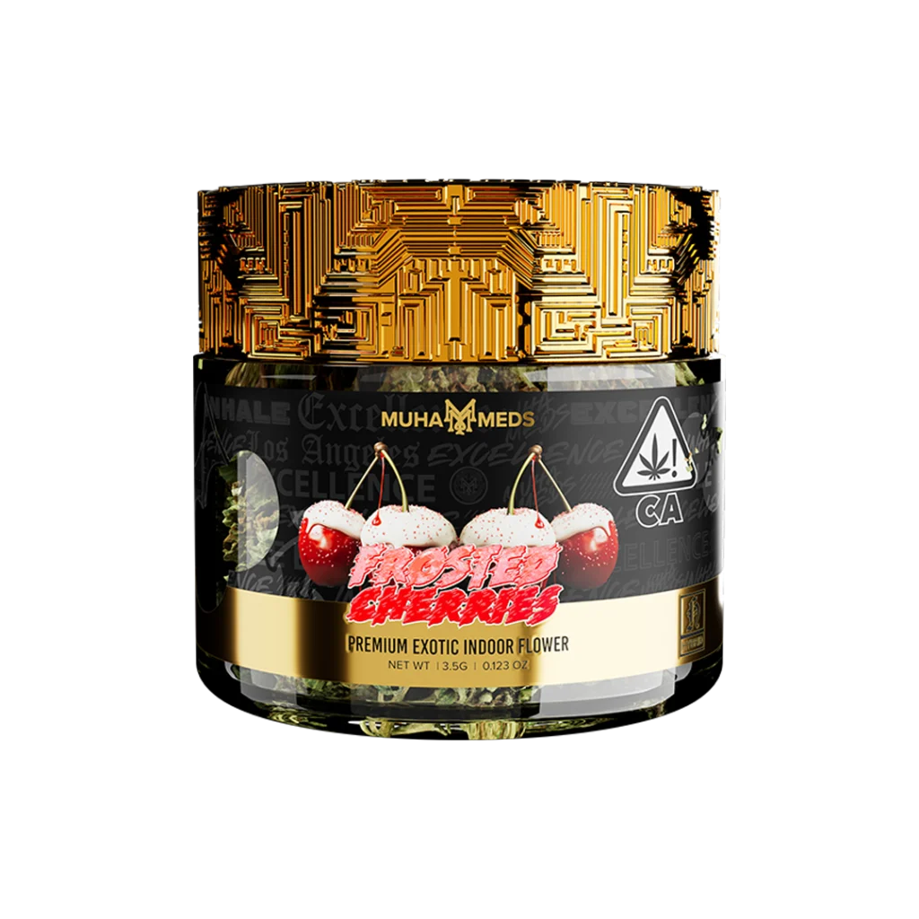 Muha Meds Frosted Cherries Flower 3.5g Exotic Indoor hybrid jar with frosty cherry buds