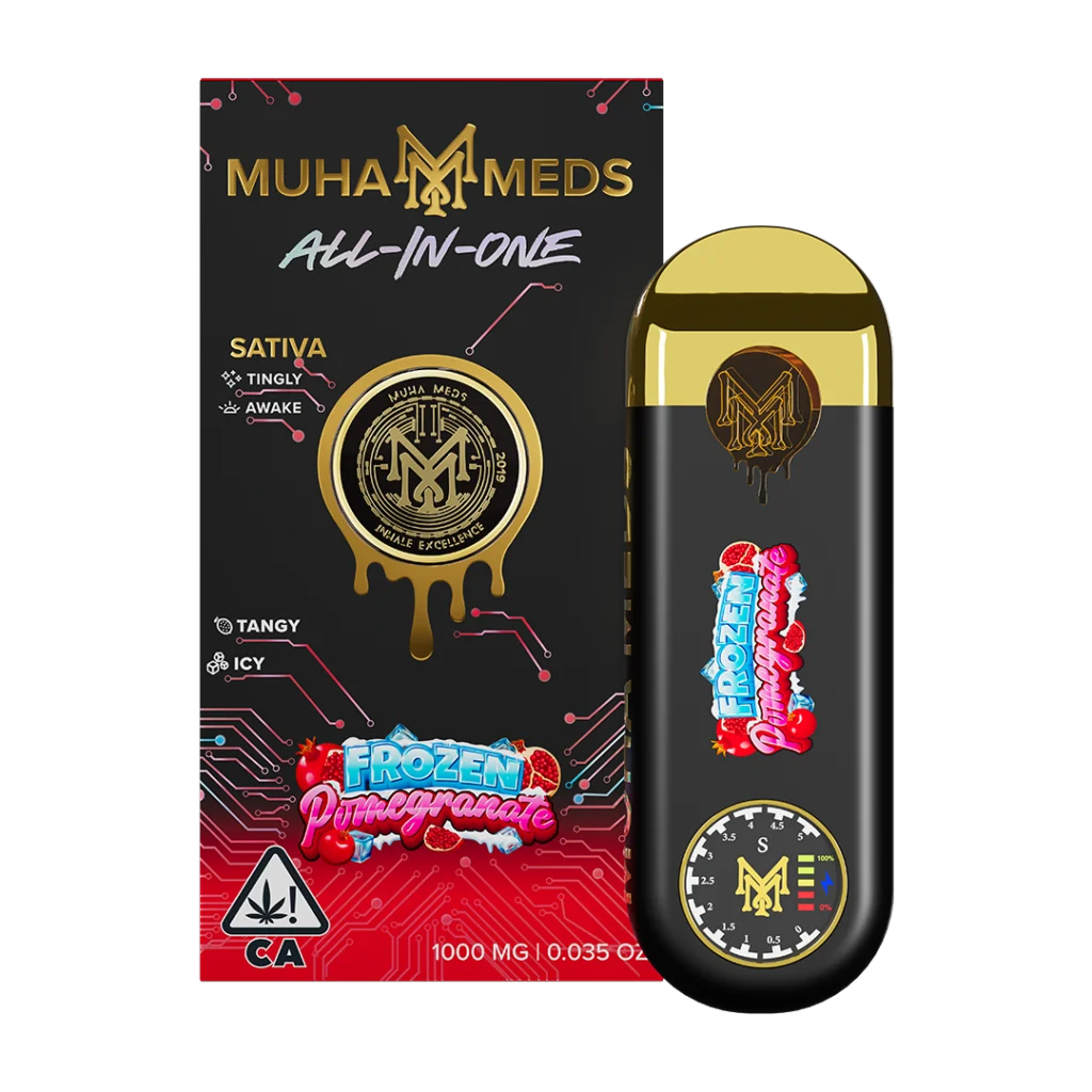 Frozen Pomegranate distillate all-in-one disposable vape with sativa label