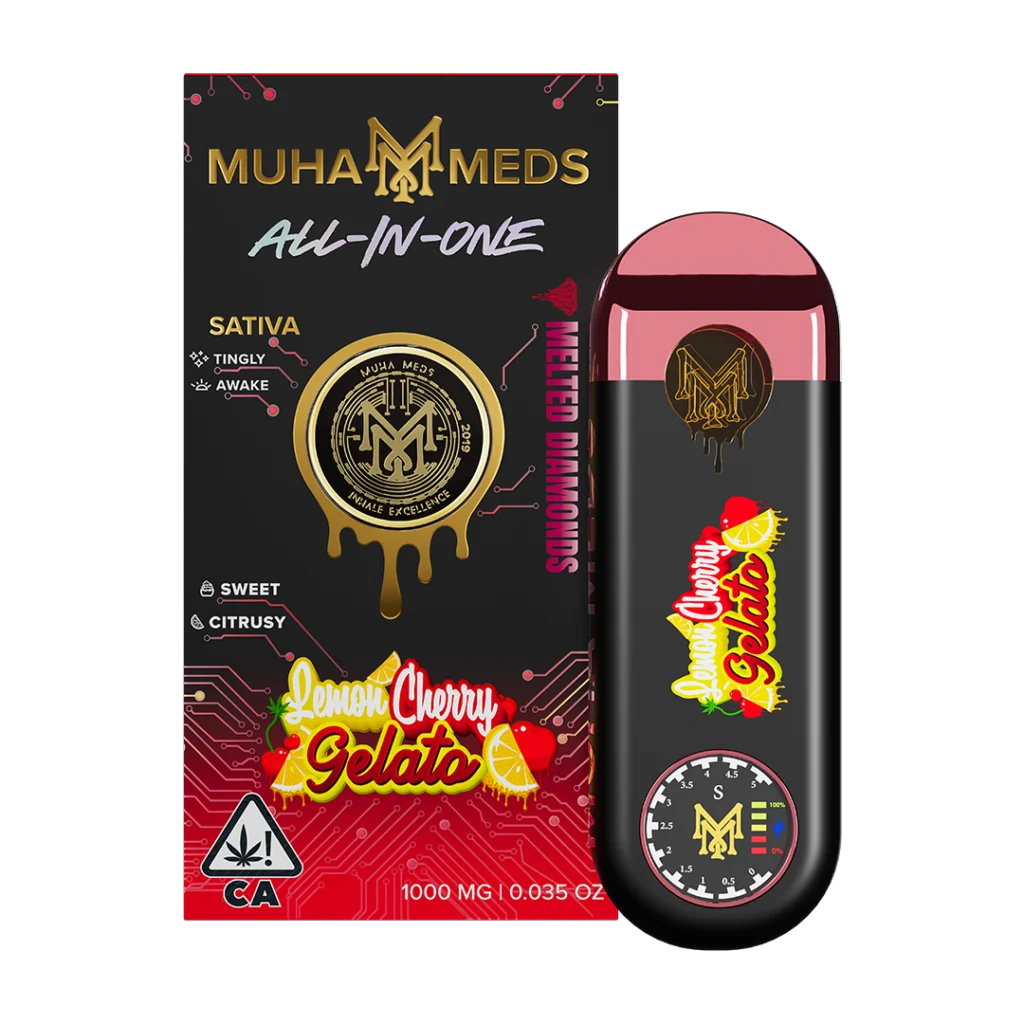 Muha Meds Lemon Cherry Gelato Disposable - sativa Melted Diamonds all-in-one vape with lemon and cherry flavor