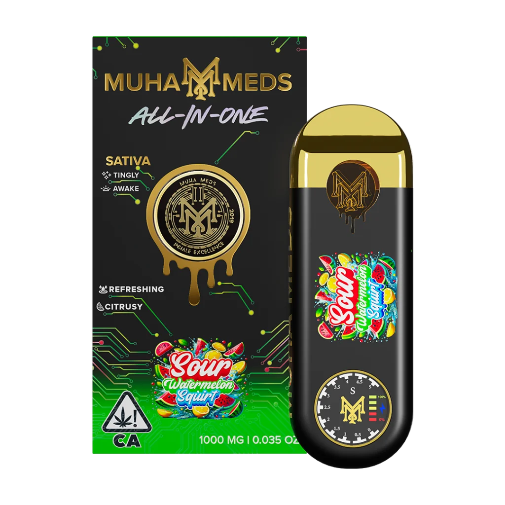 Muha Meds Sour Watermelon Squirt Disposable 1000MG sativa distillate all-in-one vape with sour watermelon and citrus flavor