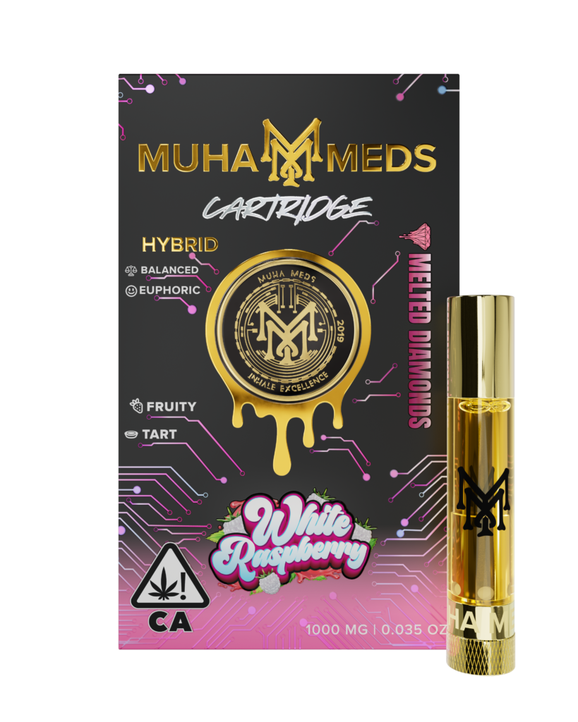 Muha Meds White Raspberry Melted Diamonds 1g 510-thread vape cartridge, hybrid with fruity tart raspberry flavor